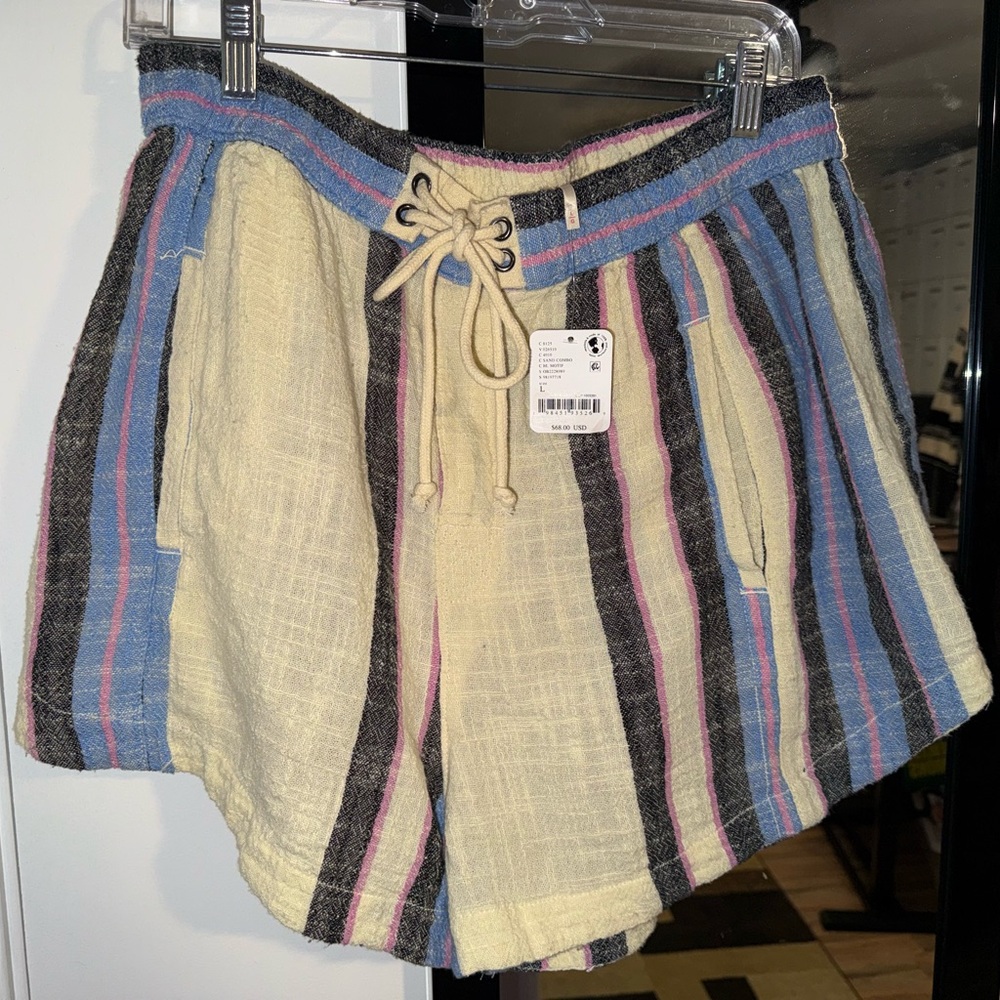 Free People Striped Drawstring Shorts in Cream, Blue & Pink